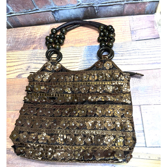 Vtg Bueno Copper Metallic Shoulder Bag Animal Print Floral Wood Bead Straps Y2K - Picture 1 of 15